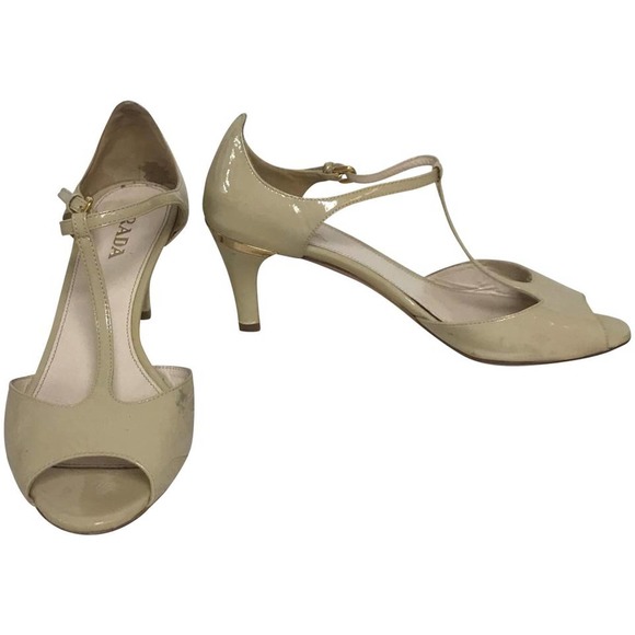 Prada Peep Toe Beige Leather Sandal Heels 38.5 - Picture 1 of 6
